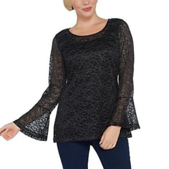Isaac Mizrahi Tops - Isaac Mizrahi Metallic Lace Bell Sleeve Knit Top